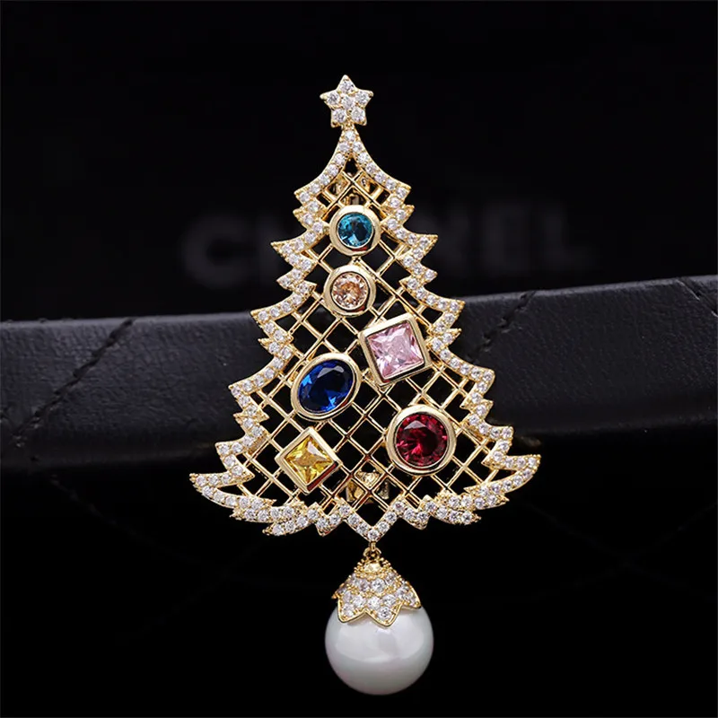 

Elegant AAA Colorful Zircon Tree Brooches Pins With Pearl For Friend Coat Sweater Brooch Accessories Christmas Gift