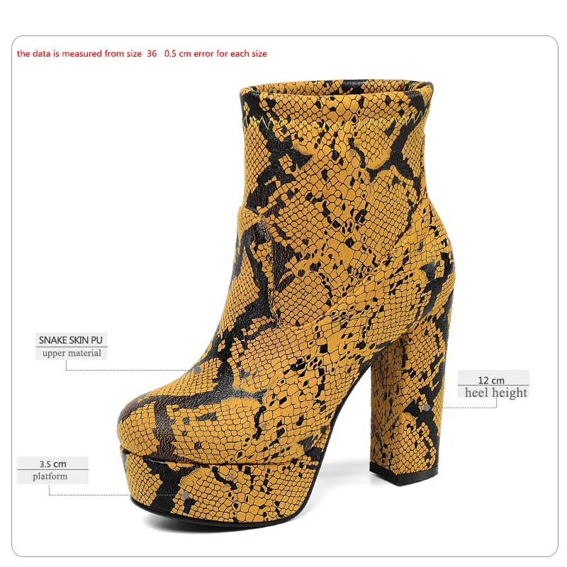 WETKISS/ г.; женские ботильоны на высоком толстом каблуке со змеиным узором; женские ботильоны; женская обувь на платформе; женская зимняя обувь на молнии; большой размер 43 - Цвет: yellow  snake
