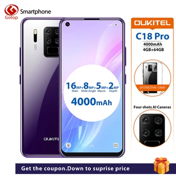 

OUKITEL C18 Pro 6.55" Octa Core Android 9.0 MT6757 4GB 64GB 16MP 4 Cameras Smartphone 4000mAh Battery Fingerprint Mobile Phone