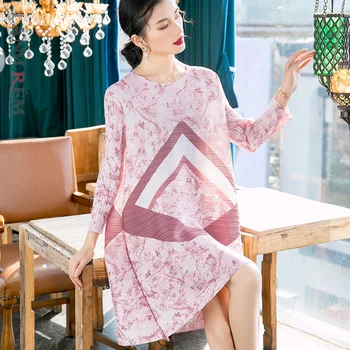 

LANMREM high quality trendy printting pleated Dresses famale 2020 fashion new spring summer Loose large size dress women YJ135