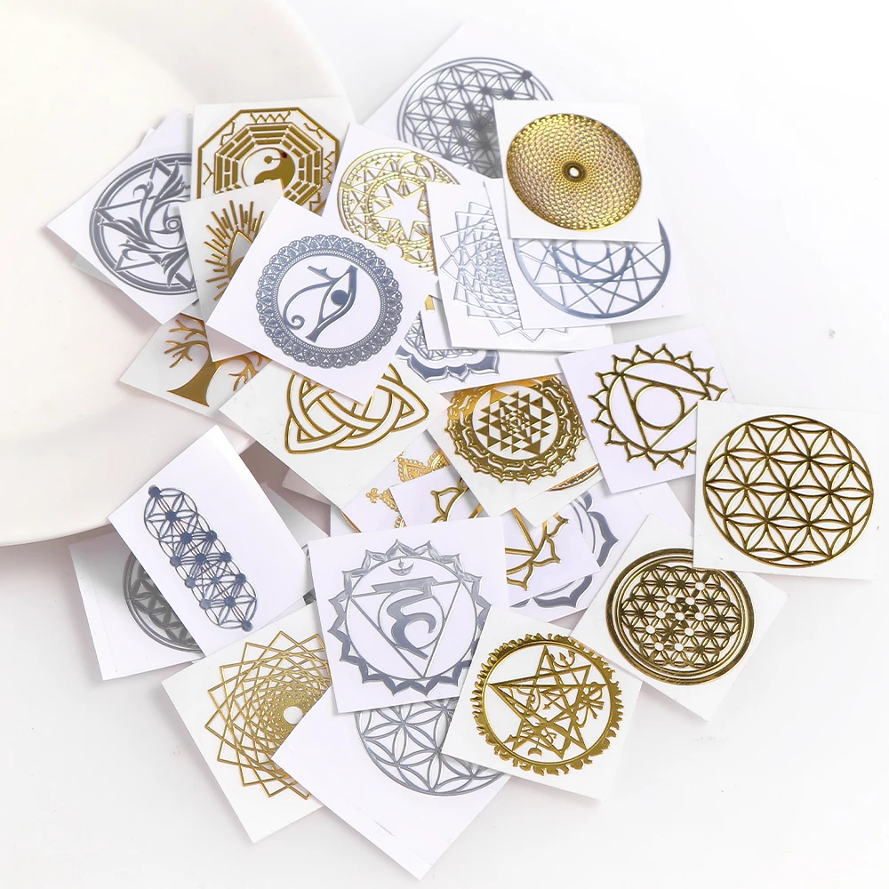 80 Pcs Geometric Shape Copper Energy Tower Golden Silver Sticker Metal Sticker Tree Life Pyramid Epoxy Resin Silicone Filling