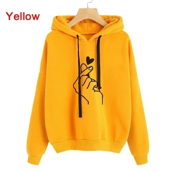 New Fashion Women's Hooded Casual Printed Finger Heart Long Sleeve Solid Color Loose Tops Hoodies Coat