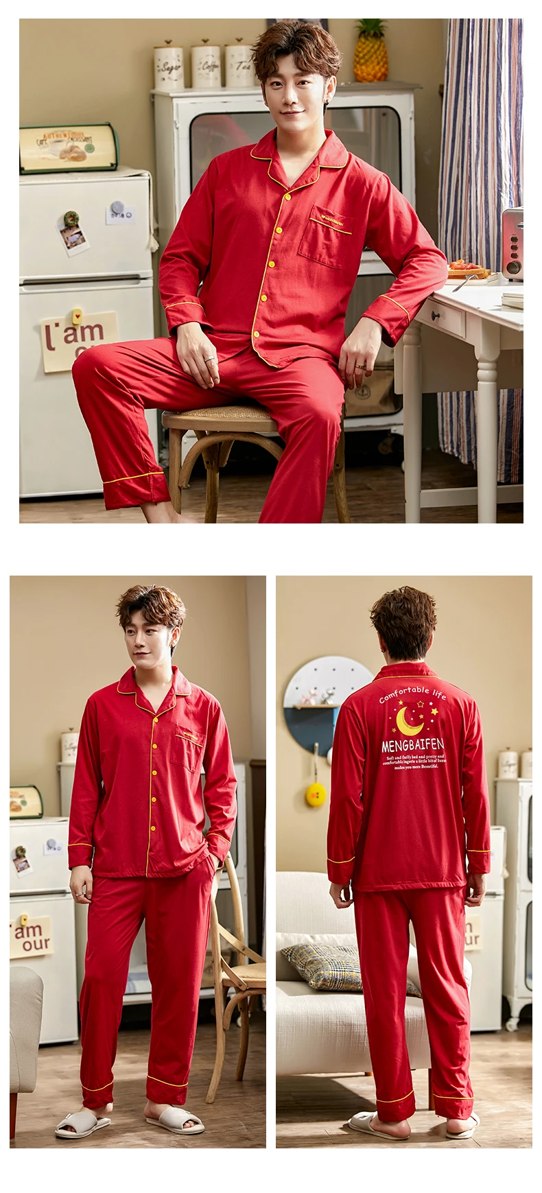 mens cotton pajama sets Men Red Pajama Set Full Pure Cotton Pijamas Hombre Long Sleeve Sleepwear His-and-her Home Suit Pyjama For Man Home Clothes cotton short pyjamas