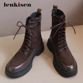 

Lenkisen 2020 hot saling cow leather high quality classics round toe thick med heel lace up pretty girls basic ankle boots L20