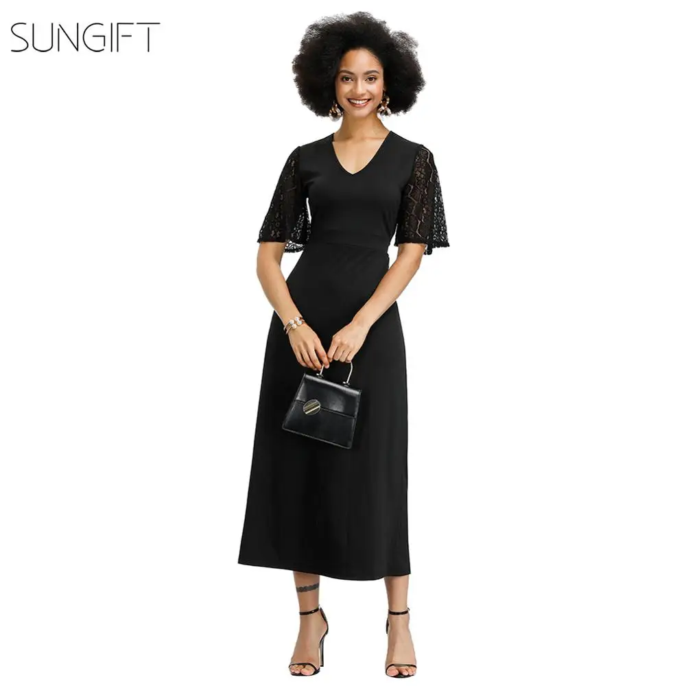 SUNGIFT Dashiki женское платье в африканском стиле с v-образным вырезом и кружевными рукавами, платья из мягкой ткани, тонкие вечерние платья для повседневной носки