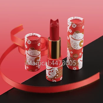 

10/30/50pcs Cute Red Lucky Cat New Year Paper Round Empty Lipstick Tube 12.1mm Lip Balm Container Cosmetics Refillable Shell
