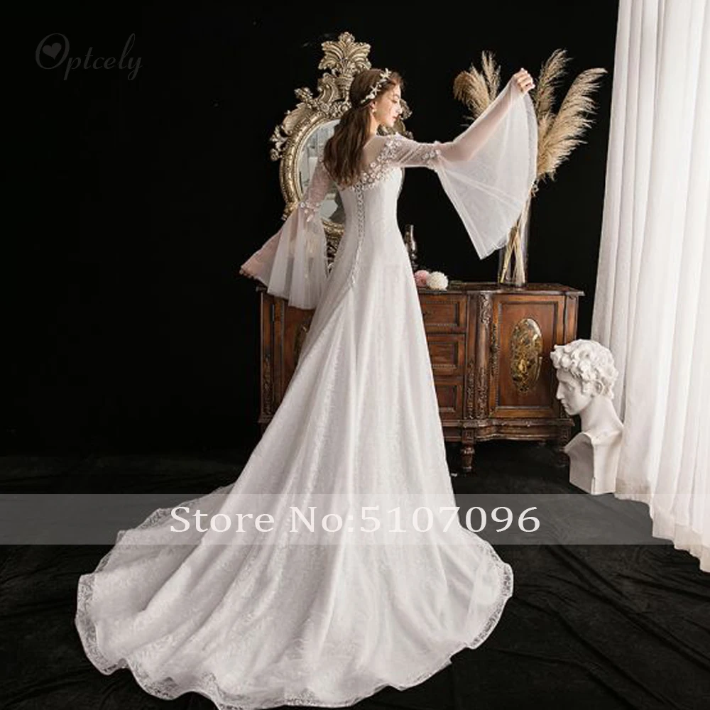 Optcely Vestido de Noiva шикарное платье с расклешенными рукавами и глубоким вырезом в богемном стиле, ТРАПЕЦИЕВИДНОЕ Тюлевое свадебное платье с аппликацией, платье принцессы с бисером