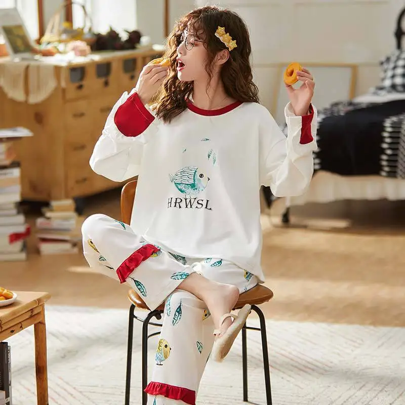 

X3935 # Lettered Blue Fish Pullover LZ Long Sleeve Korean-style Sweet Pajamas Tracksuit Piece Series