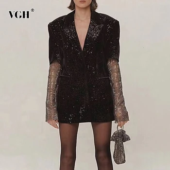 

VGH Elegant Patchwork Diamonds Jacket Female Notched Long Sleeve Perspective Women's Coats Autumn Clothing Fashion 2020 New