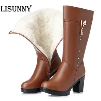 

Female high long boots 2020 new genuine leather female motorcycle boots shiny warm thick wool boots women winter shoes