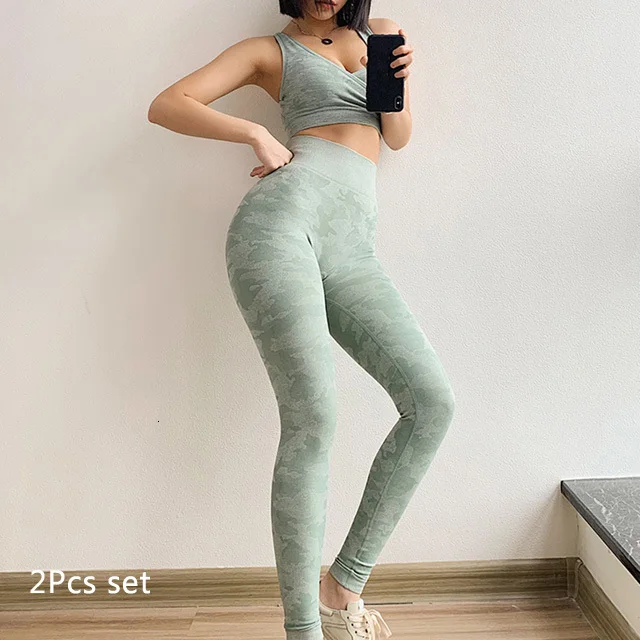 Armygreen2PcsSet Камуфляжный бесшовный спортивный комплект из 2 предметов, спортивный костюм для бега, камуфляжный комплект для тренировок и фитнеса для женщин, бесшовное для тренировки, комплект спортивной одежды - Цвет: Armygreen2PcsSet