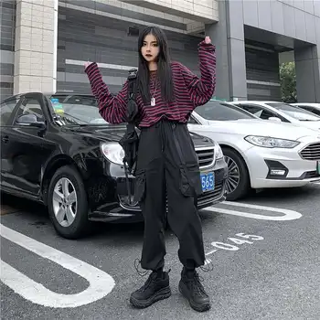 

NiceMix Harajuku pant 2020 Korean Spring student cargo pants Causal loose Slim fit Black hip-hop beam feet Pocket long trousers