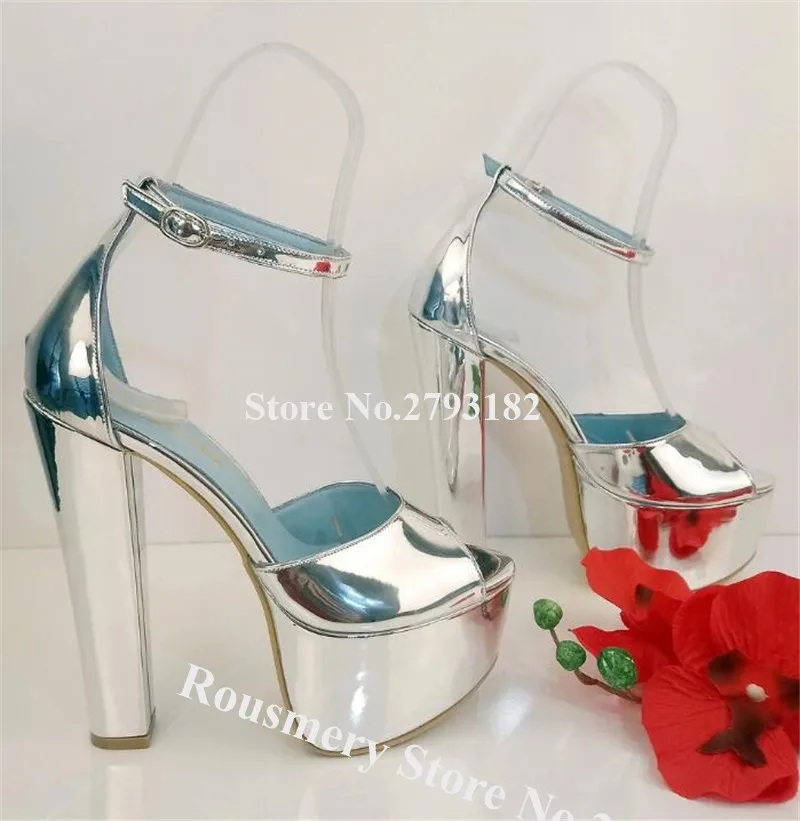 

Ladies Charming Peep Toe Patent Leather High Platform Chunky Heel Sandals Silver Ankle Strap Thick High Heel Sandals Heels