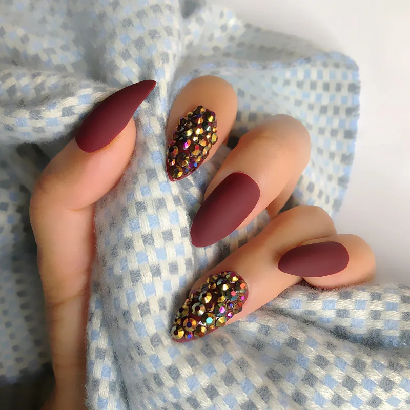 Custom Full Diamond Matte Coffin Fake Nails Designer Medium Long Dark Wine Red False Nails Natural Stiletto Ab Stones Tips False Nails Aliexpress Custom Full Diamond Matte Coffin Fake Nails Designer Medium Long Dark Wine Red False Nails Natural Stiletto Ab Stones Tips False Nails Aliexpress