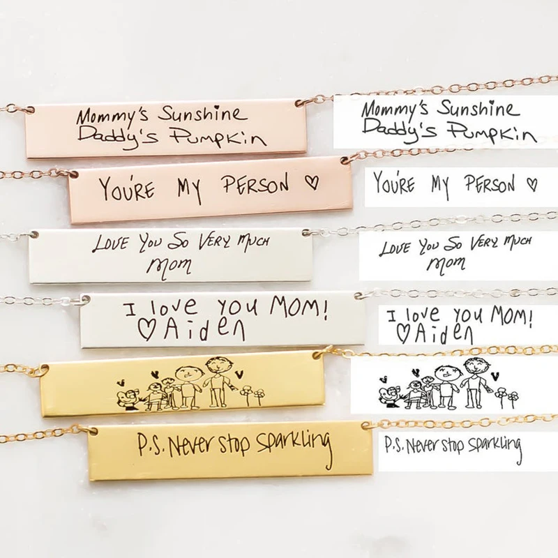 

Custom Children Drawing Handwriting Artwork Necklace Name Signature Necklace Inspirational Quotes Message Bar Necklaces Jewelry