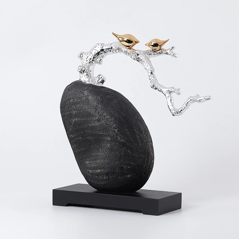 

Creative Resin Tree Growing On Black Stone Resin Crafts Handicraft Abstract Geometric Bird Morden Figurines Wood Base Home Decor