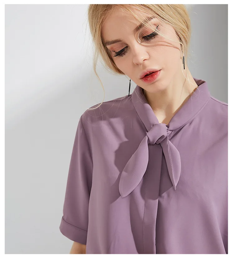 Chiffon Blouse Ladies Bow Collar Short Sleeve Summer New Leisure Blusas Mujer De Moda White Blue and Violet Color