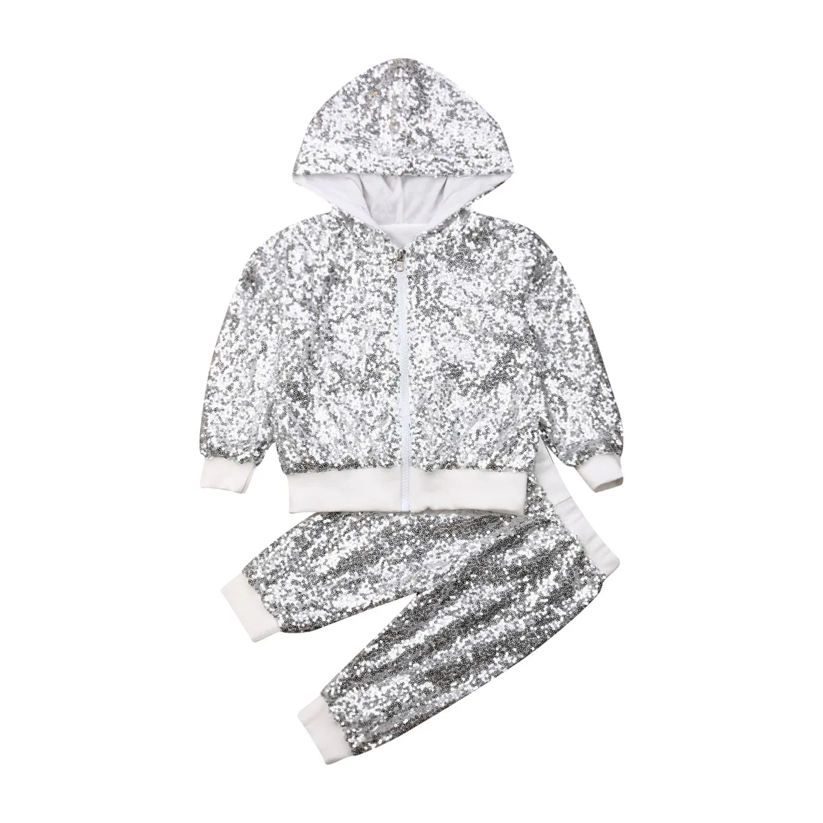 Sliver Hooded Outfit 1-6Y комплекты одежды из 2 предметов с блестками для маленьких девочек осенняя одежда пуловер с косой молнией и блестками топы, штаны, одежда - Цвет: Sliver Hooded Outfit