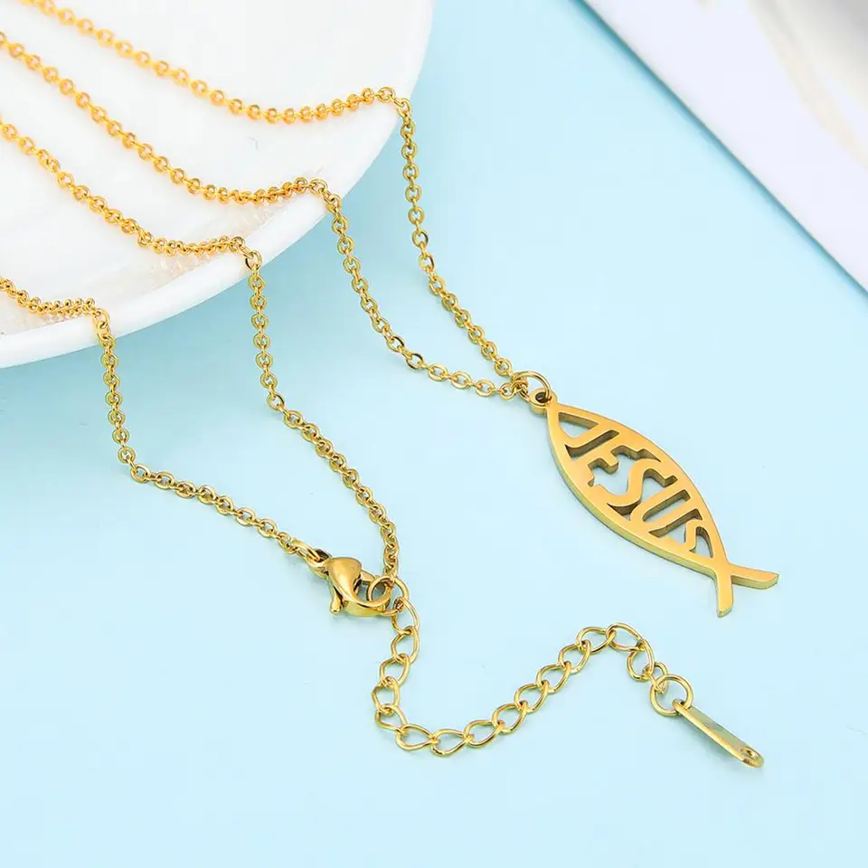 Collana di pesce di gesù in acciaio inossidabile Color oro per donna uomo ciondolo a forma di pesce cristianesimo Ichthys gioielli religiosi cristiani