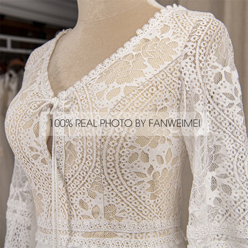 803#2021 New Design Long Lantern Sleeve Empire V-Neck Backless Small Train Beauty Backless Lace Boho Beach Wedding Dresses Women modest wedding dresses