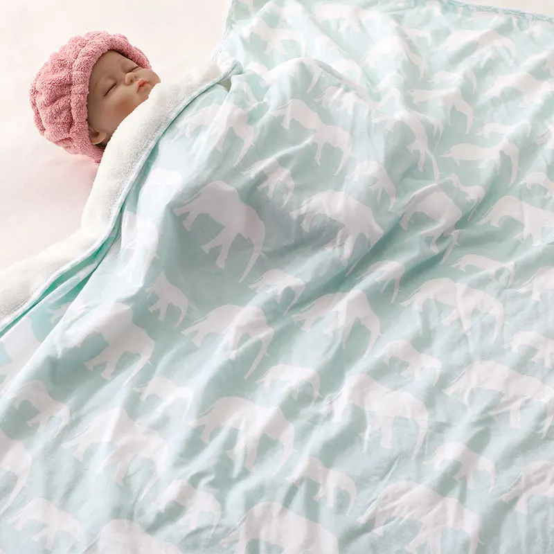 

Kids winter double layer blanket cotton knit jersey flannel edging blanket baby cartoon animal print kindergarten quilt dekbed