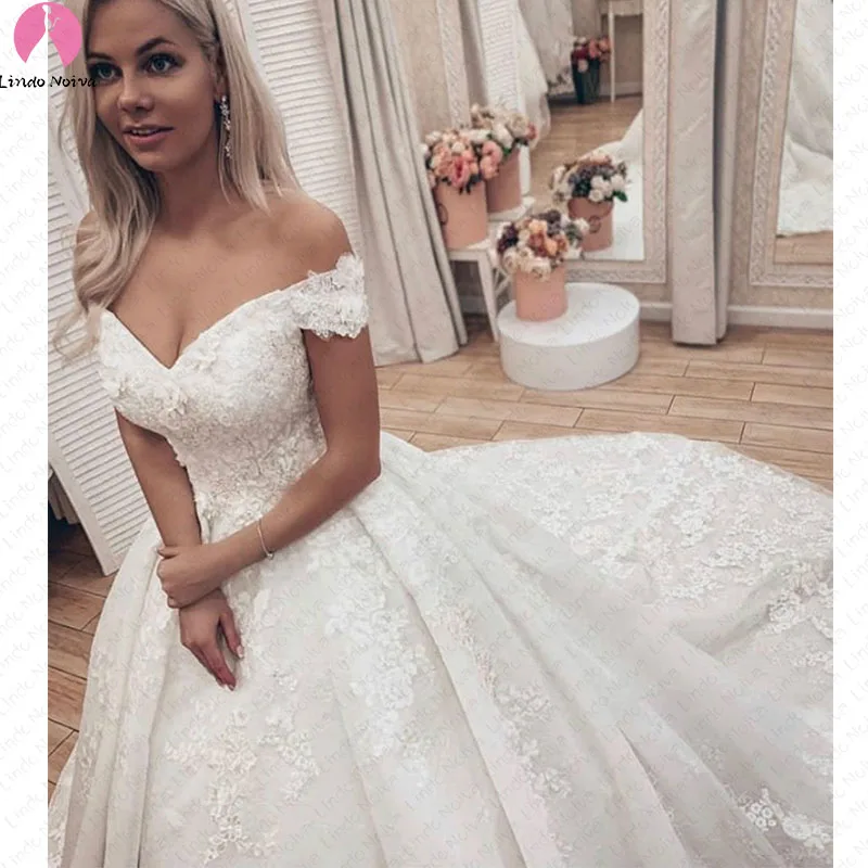 Vestido De Noiva на заказ, кружевное бальное платье с открытыми плечами, свадебное платье, сексуальное платье с v-образным вырезом, кружевное свадебное платье