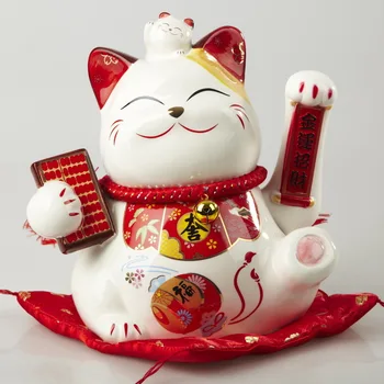 

9-inch ceramic Hand waving mascot Lucky Cat Fortune Armed with an abacus Cat Counter Display Shop opening gift
