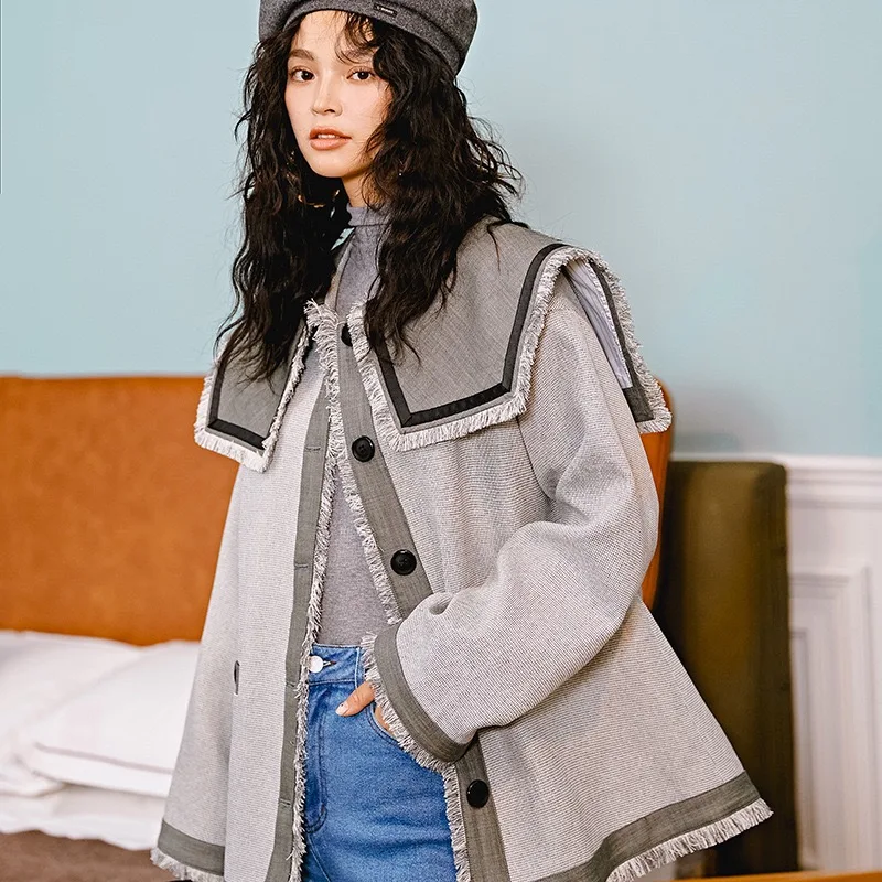 Autumn Original Design Gloria&Grace Gray Patchwork Big Collar Tassel Fashion INSTAGRAM Oversize Loose Coat Jacket Outerwear