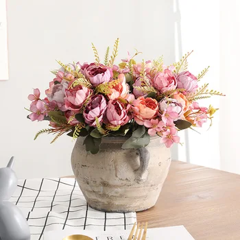 

Living Room Home Decoration Imitation Flowers Artificial Flower Pot Model European-Style 5 Head Oil Painting Peony Bouquet
