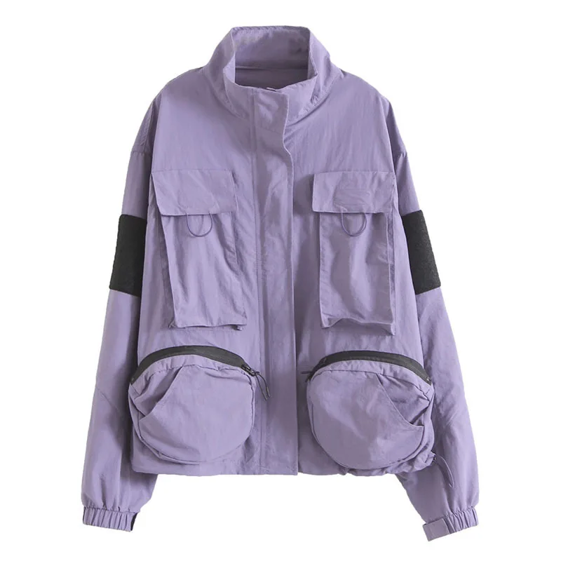 Purple OMIKRON Новая модная ветровка карго уличная куртка для женщин для девочек Pacthwork Модные осенние куртки женская верхняя одежда пальто - Цвет: Purple