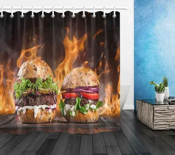 

Delicious Burger Flame Bathroom Set Waterproof Shower Curtain Liner Fabric Hooks