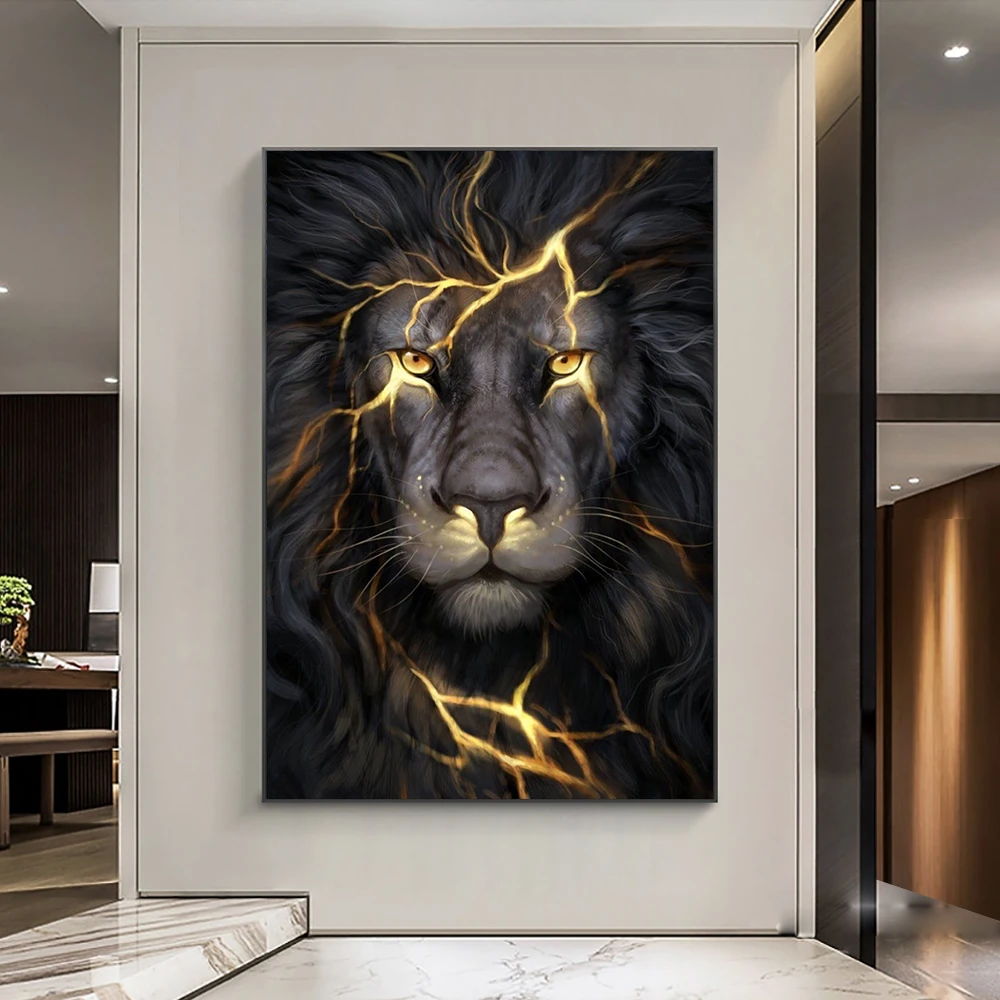 Wall Art Posters Black and Golden Light Lion Canvas Painting Modern