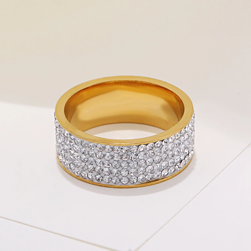8mm Women's Full Rhinestone Shiny Wide Rings Stainless Steel Gold Silver Color for Men Hiphop Fashion Jewelry for Party WC029 gold color rings stainless steel ring finger ring gold color ring silver ring adjustable rings jewelry accessories