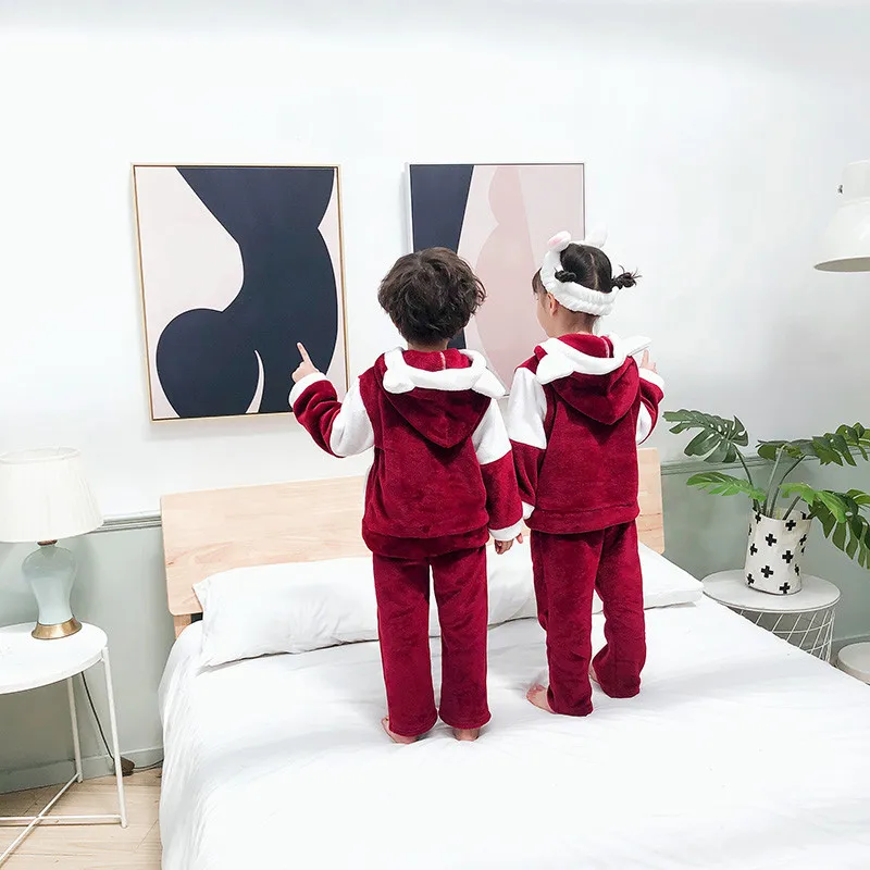 Winter Flannel Kids Pajamas Sets Warm Sleepwear Cartoon CAT Print Baby Girls Boys nightwear Children Girls 1 2 3 4 5 YEARS