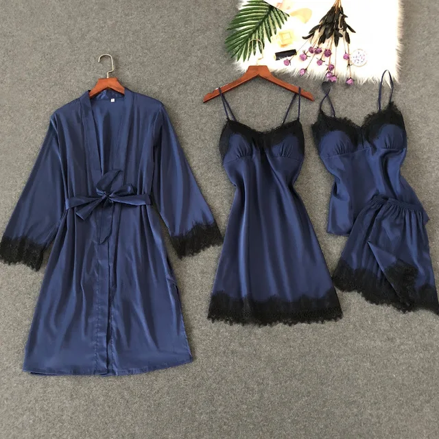 Популярный женский сексуальный комплект кружевной пижамы 4 шт. Сатиновая Пижама женская пижама для женщин Пижама повседневная домашняя одежда для сна - Цвет: Navy