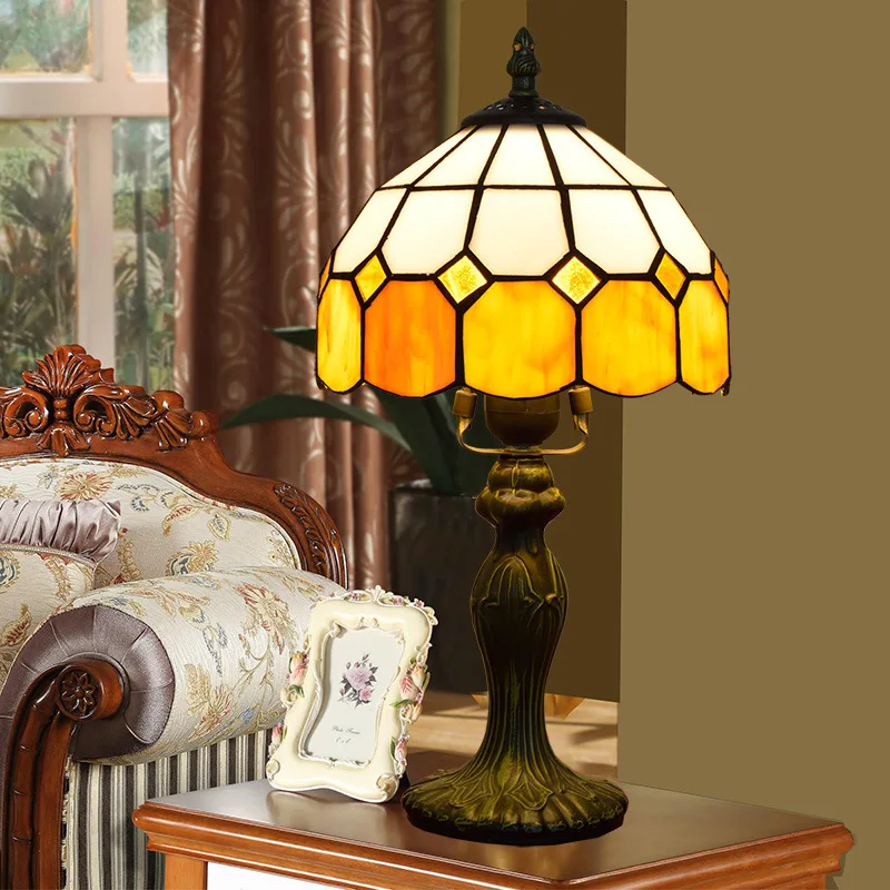 

European classic tiffany stained glass desk lamp of bedroom the head of a bed warm color grid study children room 20 cm