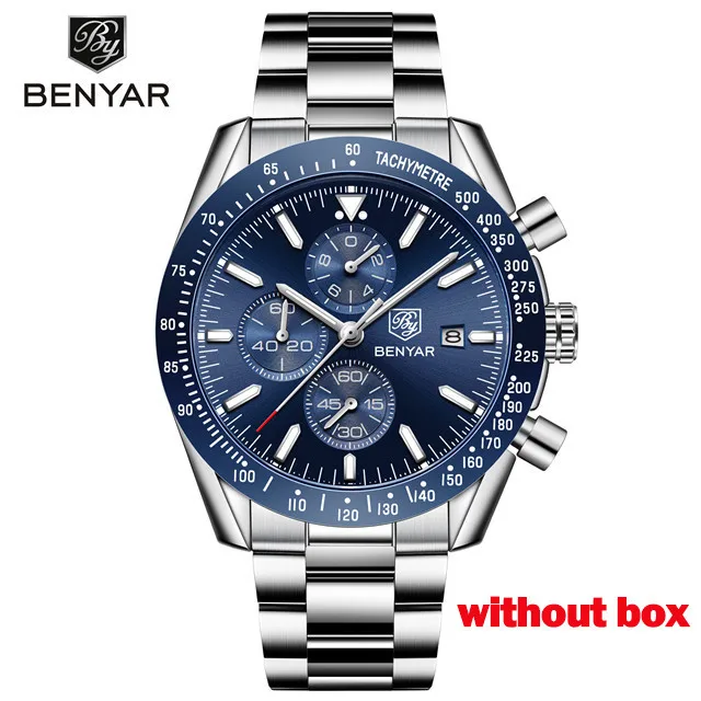 silver blue BENYAR новые мужские часы Топ бренд класса люкс кожа Водонепроницаемый Спорт кварцевые Хронограф военные часы мужские часы Relogio Masculino - Цвет: silver blue
