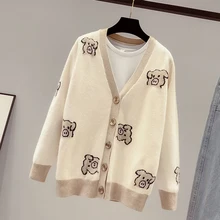 

FOR Loose Sweater Female Cardigan Jacket 2020 Autumn V Neck Cartoon Print Knitted Cardigan Fashion Street Women's Sweater Coat