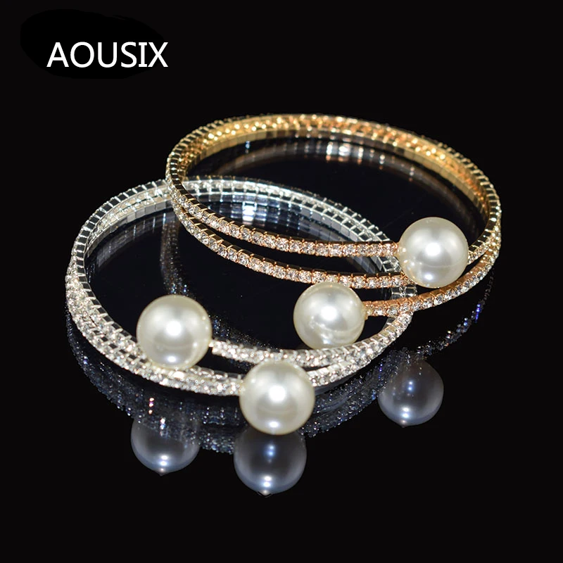 Bangle bracelet crystal bracelets Fashion Imitation Pearl Crystal Bracelet Ladies Gold Silver Plated 1/2 Row Rhinestone Cuff Bracelet for Gift