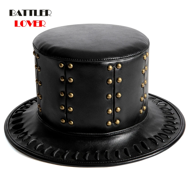 Men Punk Black Fedora Steampunk Gears Spikes Leather Women Top Hat  Gothic Magic Dance Party Festival Hats Accessories