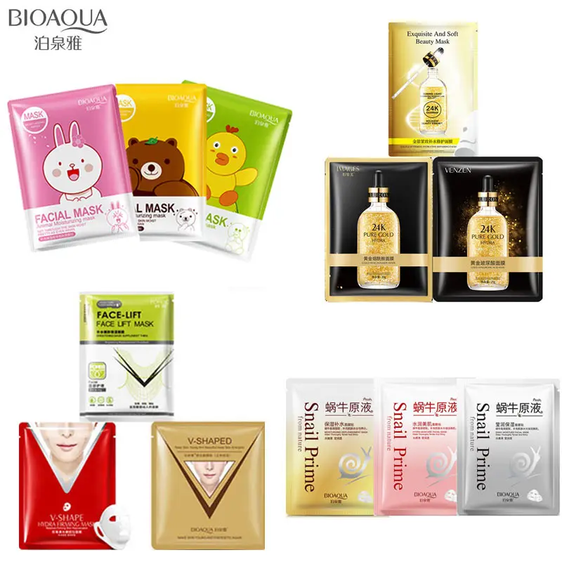 

12Pcs BIOAQUA 24K gold face mask Cartoon snail Anti-Aging Moisturizing Oil-control Collagen facial masks v shape skin care