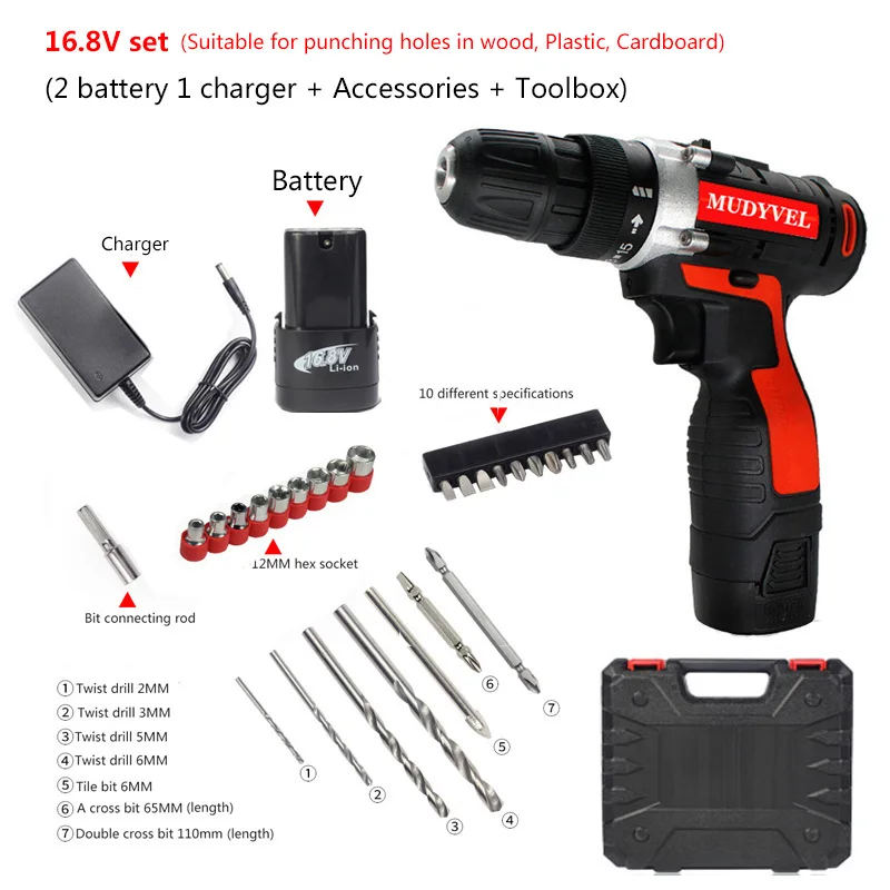 Cordless Drill 12V 16.8V 24V Optional 3/8 inch 2 speed Power Tools Flexible shaft Screwdriver Dremel Rechargeable - Цвет: 16.8V set 2 battery