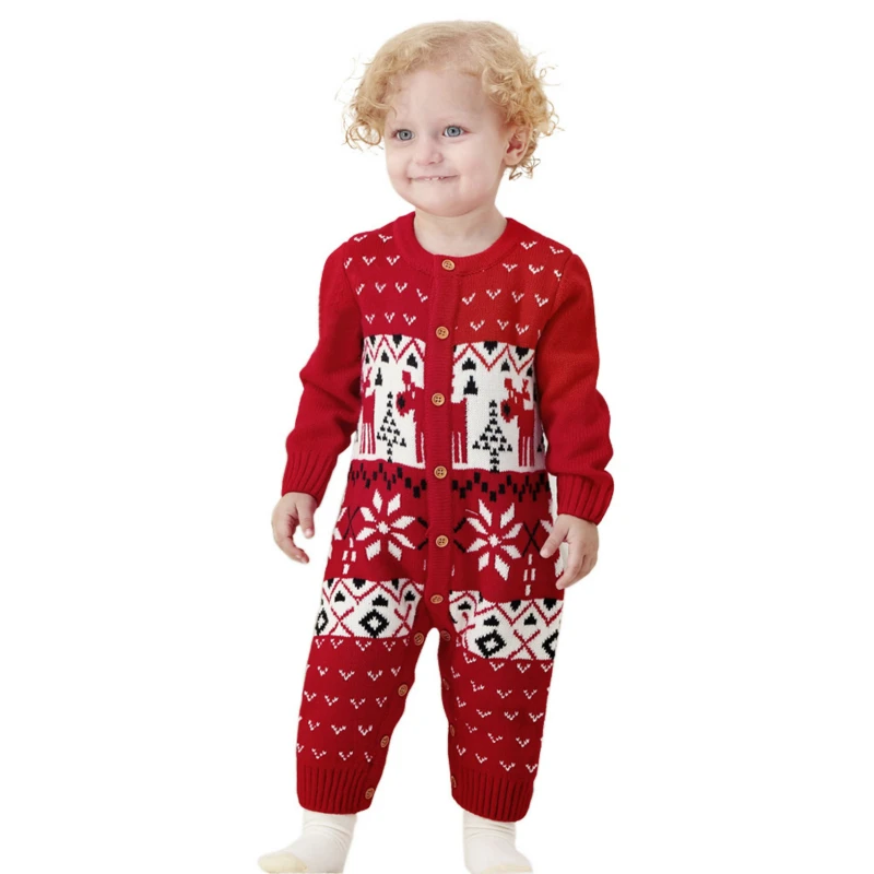 Christmas Winter Creeper Knitted Romper Cartoon Elk Baby Boy Romper Jumpsuit New Born Baby Clothes