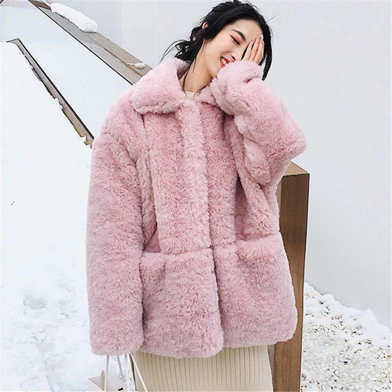 Faux Fur Coat Female Slim Lamb Hair Winter New Loose Fur Granules Velvet Pocket Long Sleeve Warm Fur Coat Tide H00899