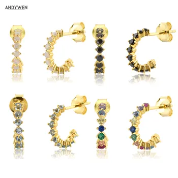 

ANDYWEN 925 Sterling Silver Gold Blue Black Circle Rainbow Hoops 8mm White Zircon CZ Pendiente Piercing Luxury Rock Punk Jewelry