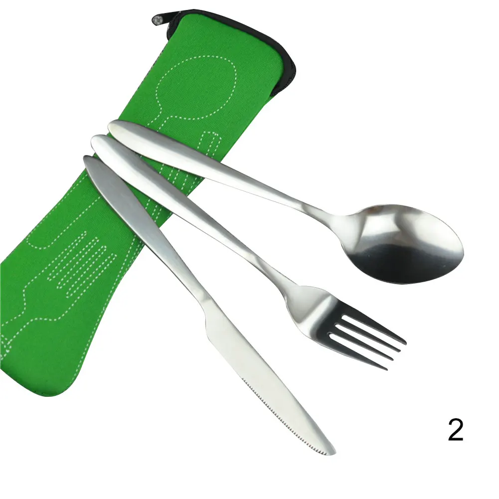 Green 2 Кухонные многоразовые дорожные столовые приборы с чехлом набор ложек и вилок с ножами офисные аксессуары для кемпинга JS21 - Цвет: Green 2