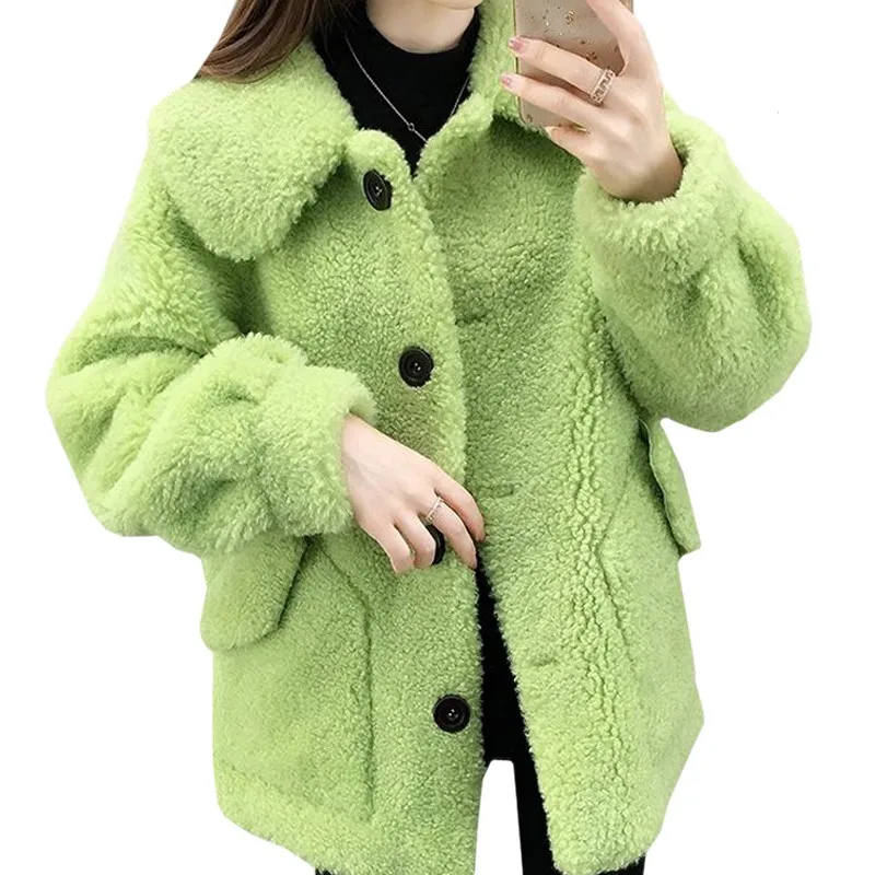 

Winter Zuolunouba Commuter Green Lamb Wool Women Coat Solid Harajuku Buttons Keep Warm Fashion Female New Style Clothes Jacket