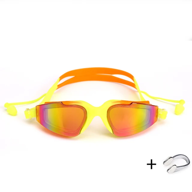 Professional Swimming Goggles Swimming Glasses with Earplugs Nose Clip Electroplate Waterproof Silicone очки для плавания Adluts Yellow Red 36-a