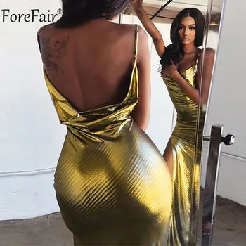

Forefair Strapless Sexy Maxi Dress Backless Party Split Sleeveless Clubwear Summer Women Gold Dresses