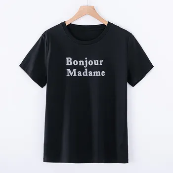

2020 WOMEN New summer double-sided mercerized cotton short-sleeved t-shirt letter flocking loose large size simple tops women